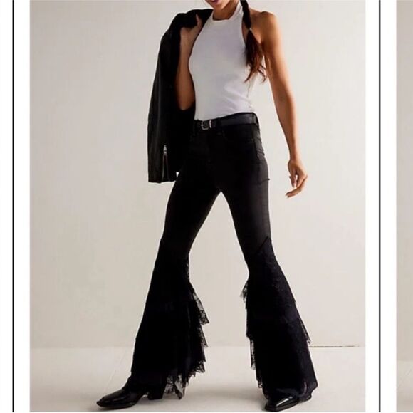 We The Free Free People Mystique Lace Flare Jeans Black Size 24 - Picture 15 of 15